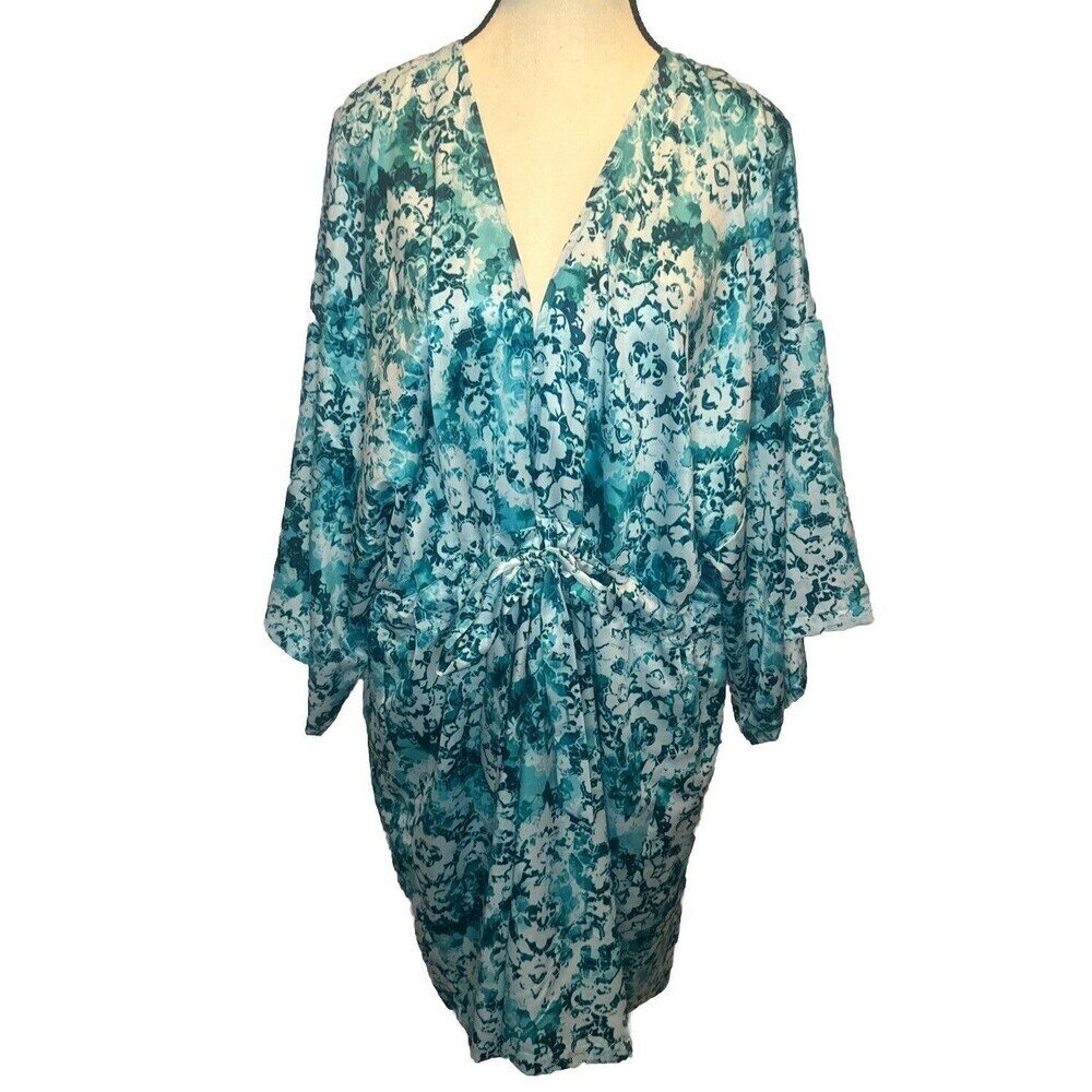 Linea Donatella Satin Charmeuse Wrap Short‎ Robe Jade Medallion Print L/XL NWT